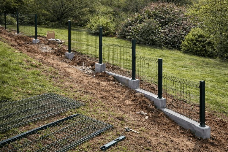 Pose de clôture rigide sur terrain en pente avec panneaux et soubassements