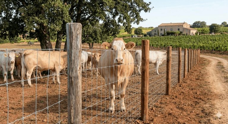 Installation de clôture agricole avec piquets en châtaignier naturel fendu et grillage noué dans l'Hérault.